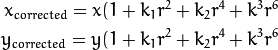 x_{corrected} = x( 1 + k_1 r^2 + k_2 r^4 + k^3 r^6 \\y_{corrected} = y( 1 + k_1 r^2 + k_2 r^4 + k^3 r^6