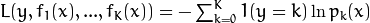 L(y,f_1(x),...,f_K(x)) = -\sum^K_{k=0}1(y=k)\ln{p_k(x)}